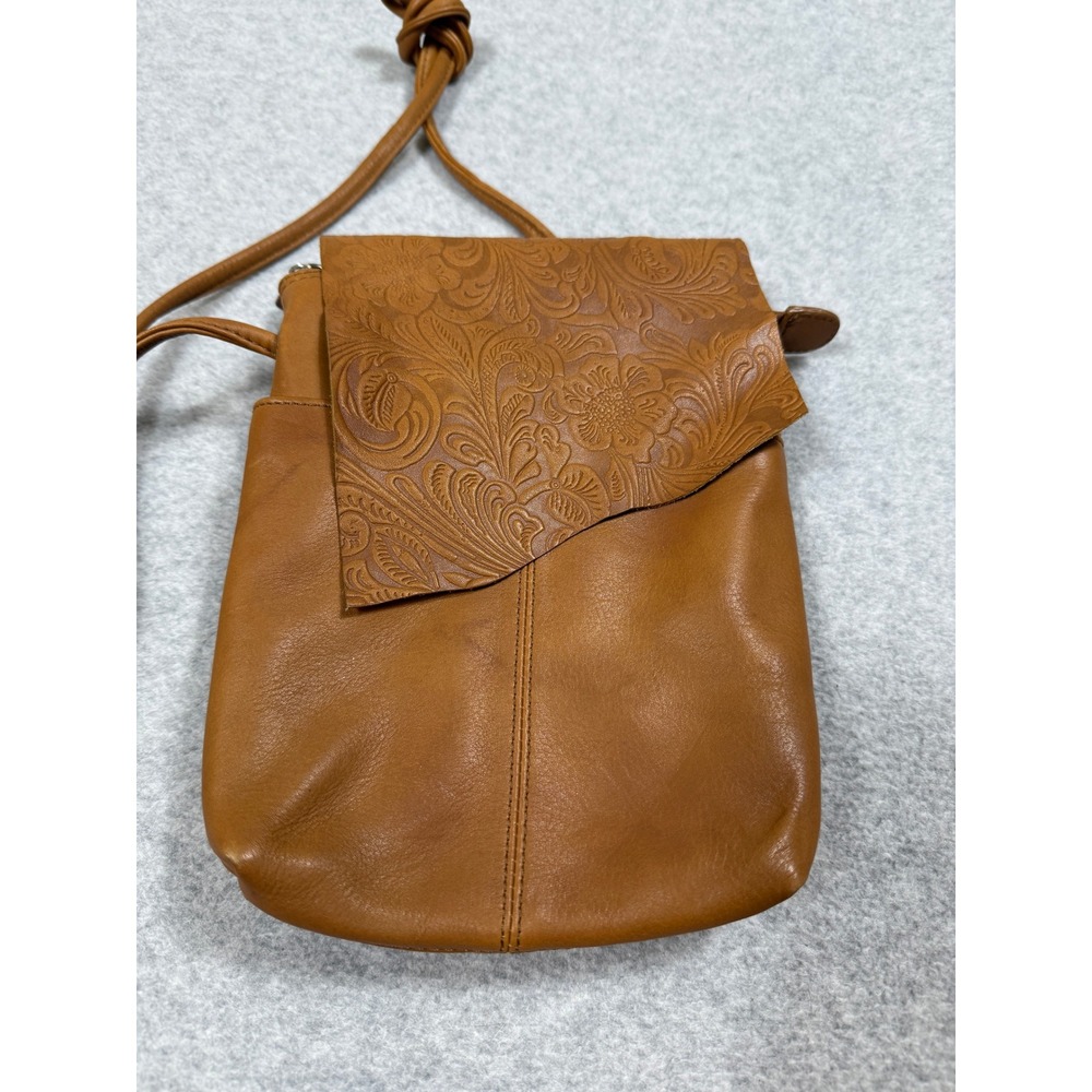 ILI New York Tan Leather Floral Embossed Crossbody Bag Small Messenger RFID